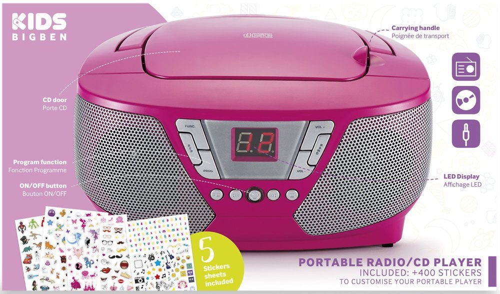 BigBen tragbarer CD60 Kids pink FM Radio AUX-IN 400 Sticker AU364460 CD-Player
