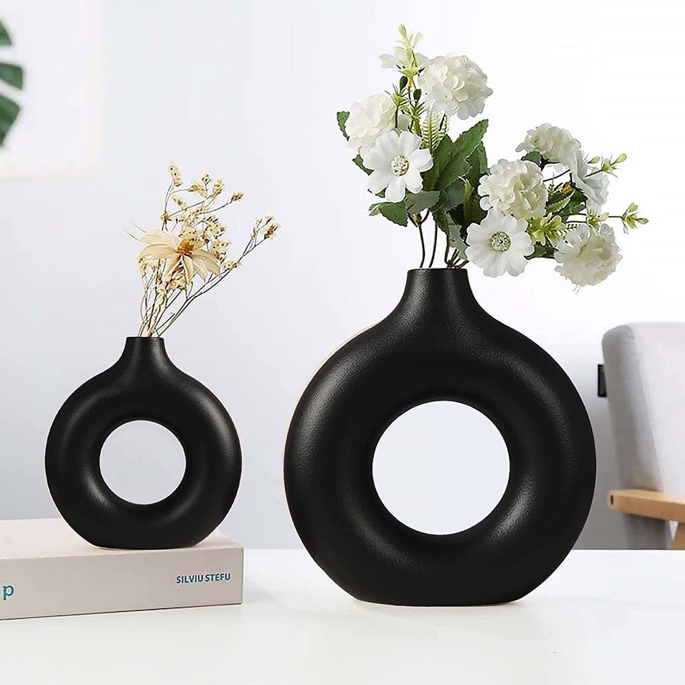 zggzerg Dekovase Keramik Vase für Pampasgras, Schwarze Donut Vase Deko Wohnzimmer Runde