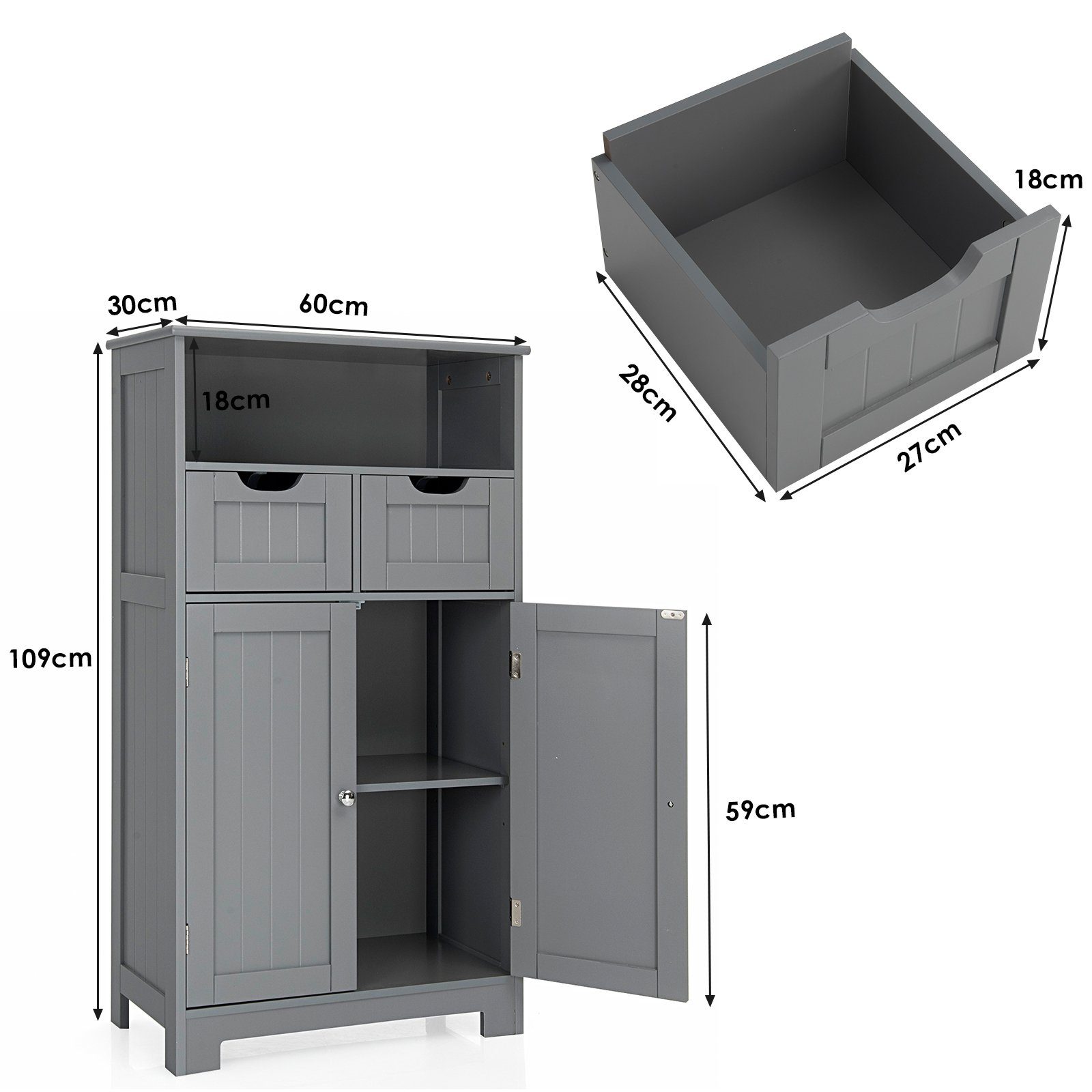 COSTWAY Badkommode, mit 2 Schubladen, Türen & 3 Fächern, Holz, 60x30x109cm