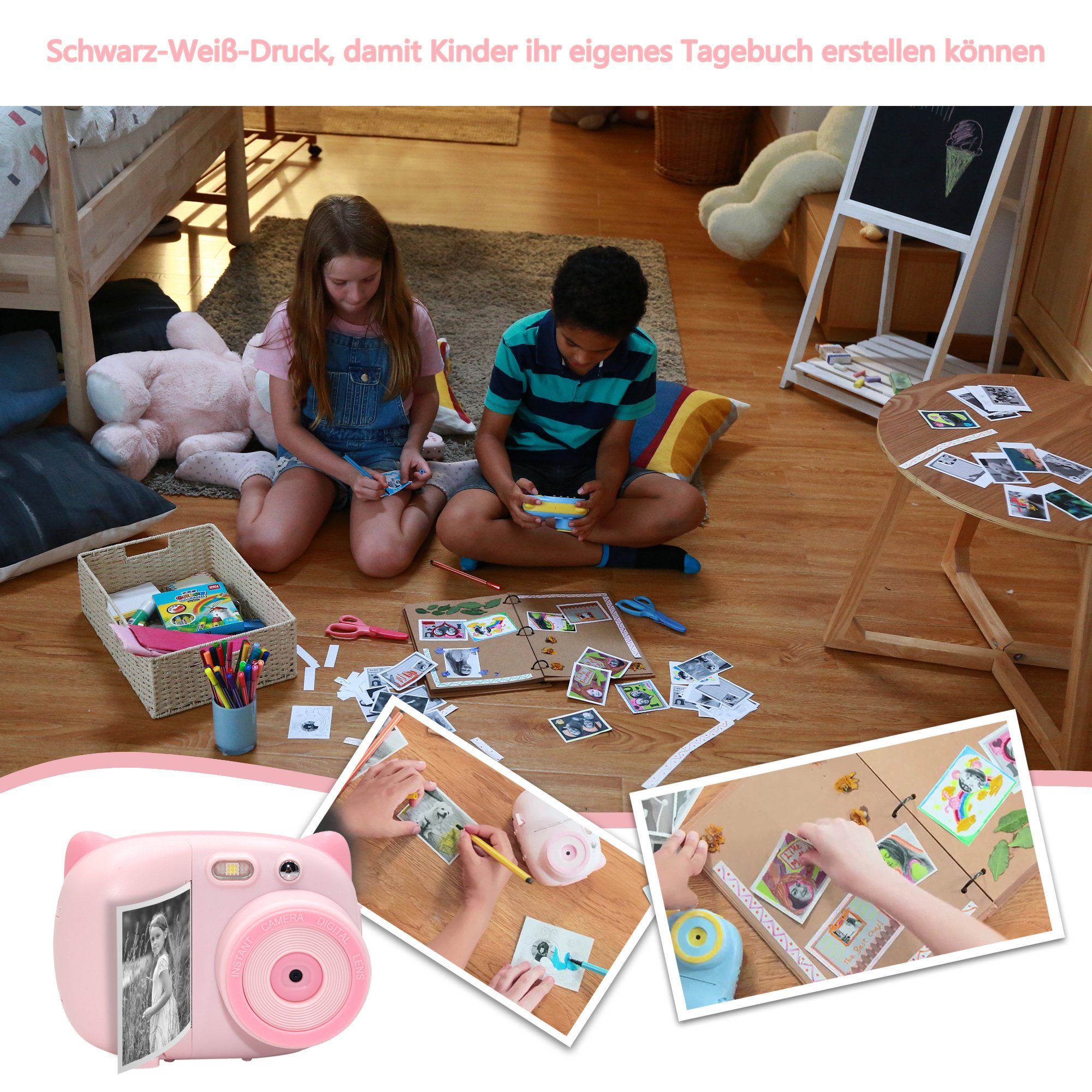 OKA Kinderkamera, Sofortbildkamera Kinder DigitalKamera 1080P Videokamera Kinderkamera (inkl. Kinder Kamera Drucken Schwarzweiß Foto mit Pinselstift, Kinder Digitalkamera mit 32GB SD-Karte, Geschenk für Kinder)