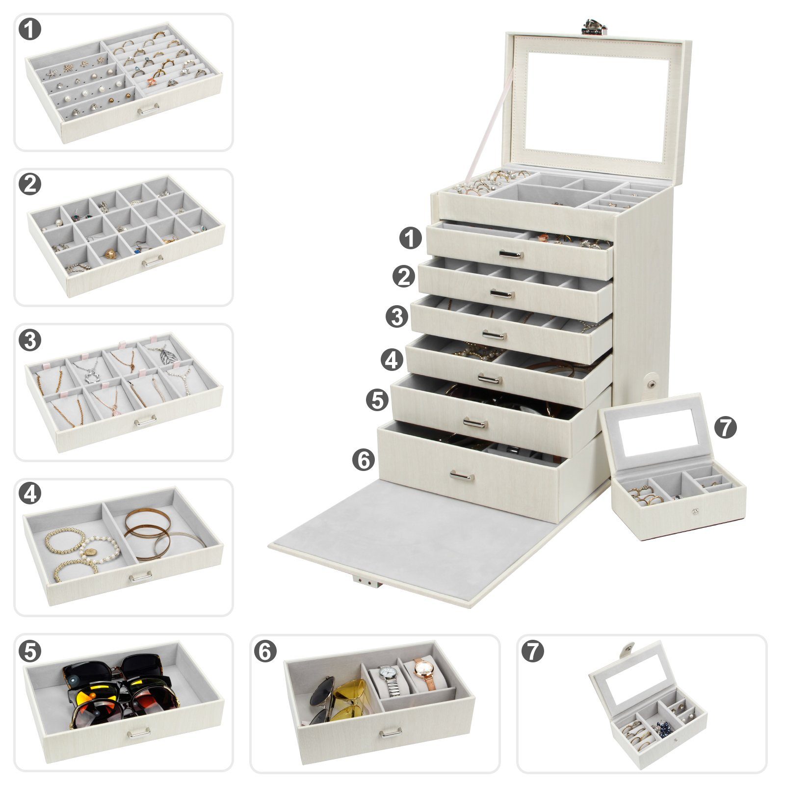 Yorbay Schmuckkasten Schmuckkoffer komplett abschließbar Schmuckkasten (Mit herausnehmbarer Reise-Box, Mit 7 Ebenen, Mit Spiegel), Schmuckkästchen für Halsketten/Uhren/Ringe/Armbänder/Ohrringe/Brille
