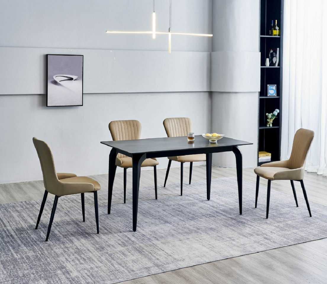 JVmoebel Esszimmer-Set Designer Esszimmer Schwarzer Tisch Edelstahl Luxus Polsterstühle, (5-St., Esstisch + 4x Stühle), Made in Europa