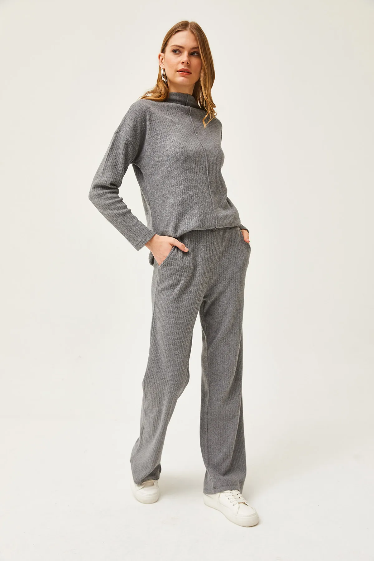 Olalook  Damen Geräucherte Hosentasche Unten Hosen Top Stehkragen Bluse Erhaben Anzug TKM-19000254
