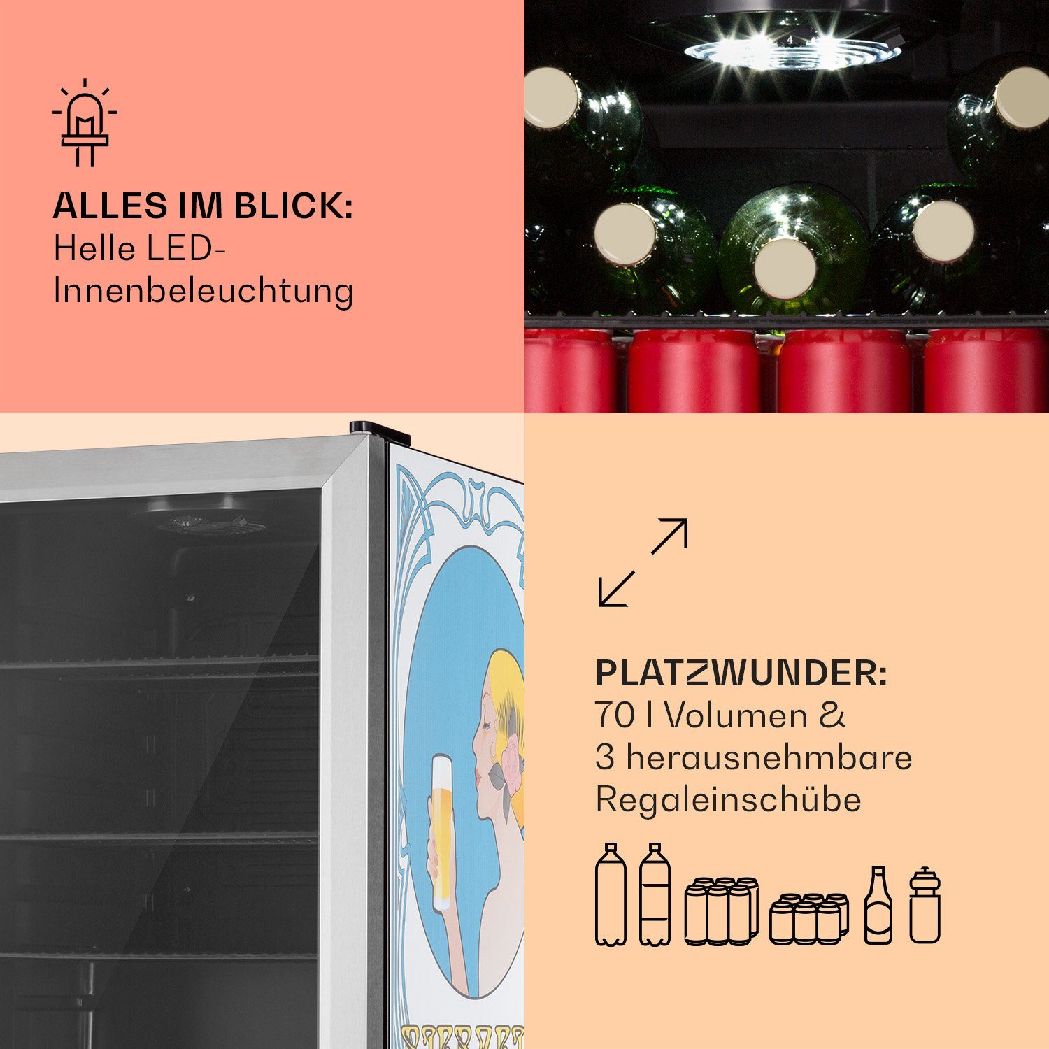 Klarstein Getränkekühlschrank HEA13-Beerzeit-SS 10041175, 67 cm hoch, 43 cm breit, Bierkühlschrank Getränkekühlschrank Flaschenkühlschrank mit Glastür