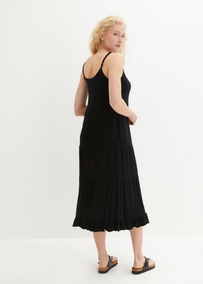 Shirtkleid mit Volants und verstellbaren Spaghetti-Trägern in Midi-Länge, A-Line