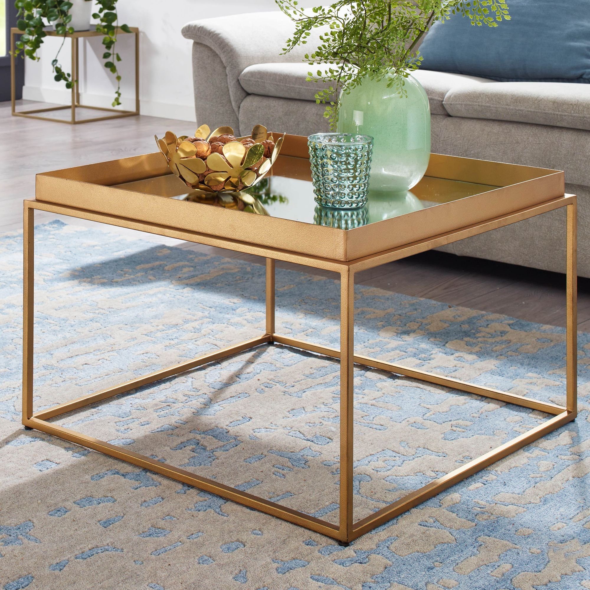 FINEBUY Couchtisch FB82282 (60x60x41 Gold, Sofatisch Quadratisch Glas Metall), Wohnzimmertisch Verspiegelt, Beistelltisch Modern