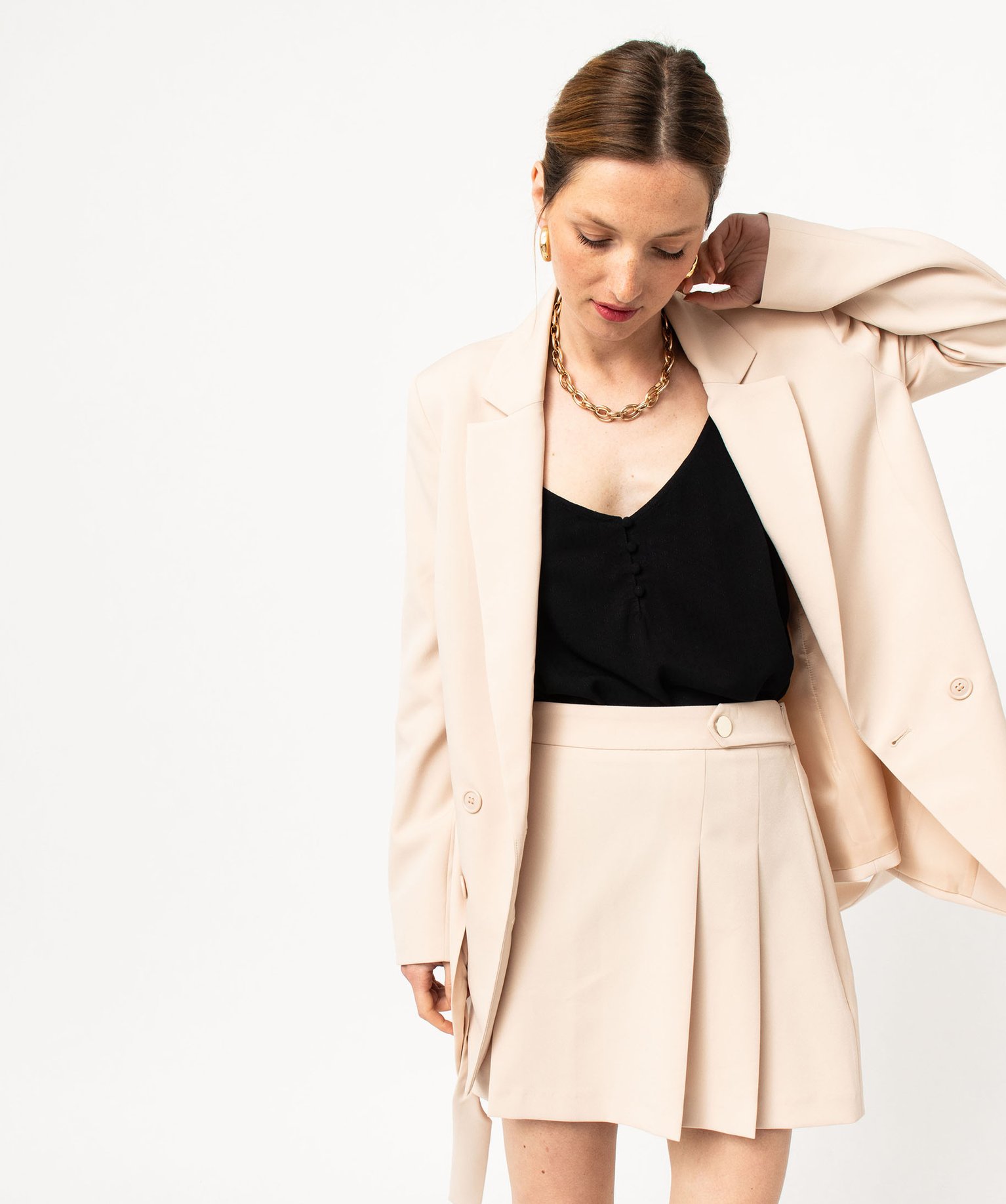 Veste blazer longue fermeture croisée avec ceinture femme beige | GEMO