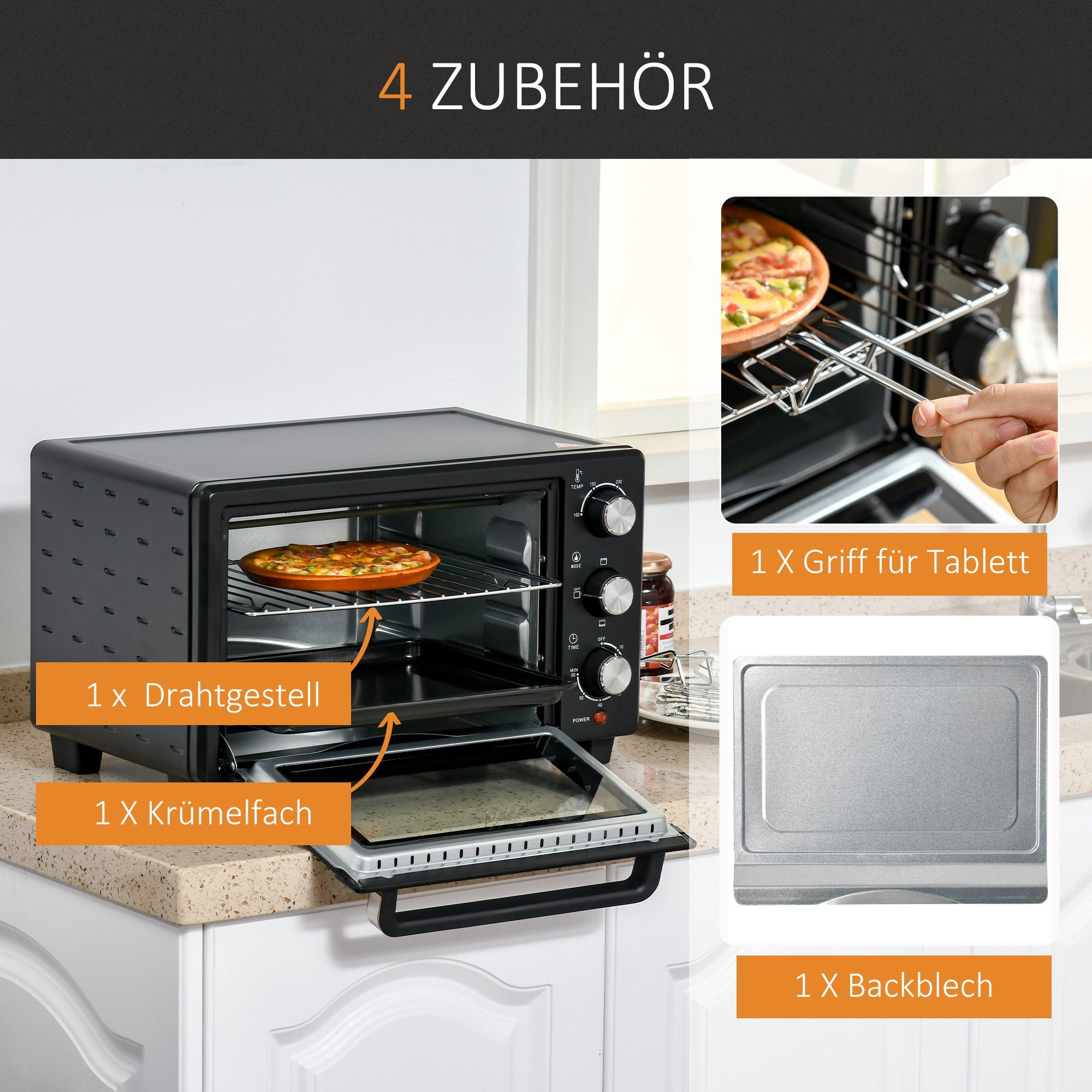 HOMCOM Minibackofen Minibackofen, 21L einstellbare Temperatur Ofen 3 Kochmodi Schwarz+Silber
