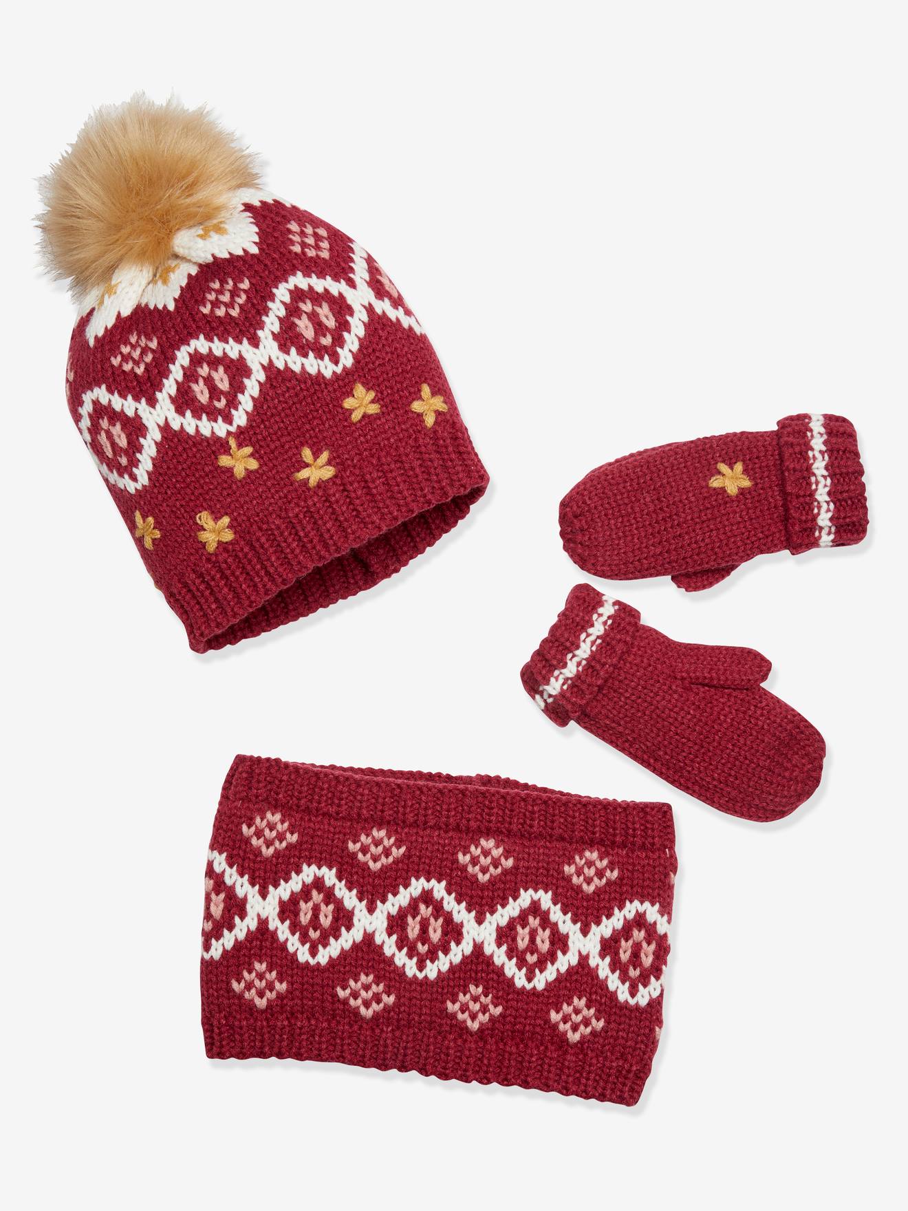 Ensemble fille bonnet + snood + gants jacquard framboise