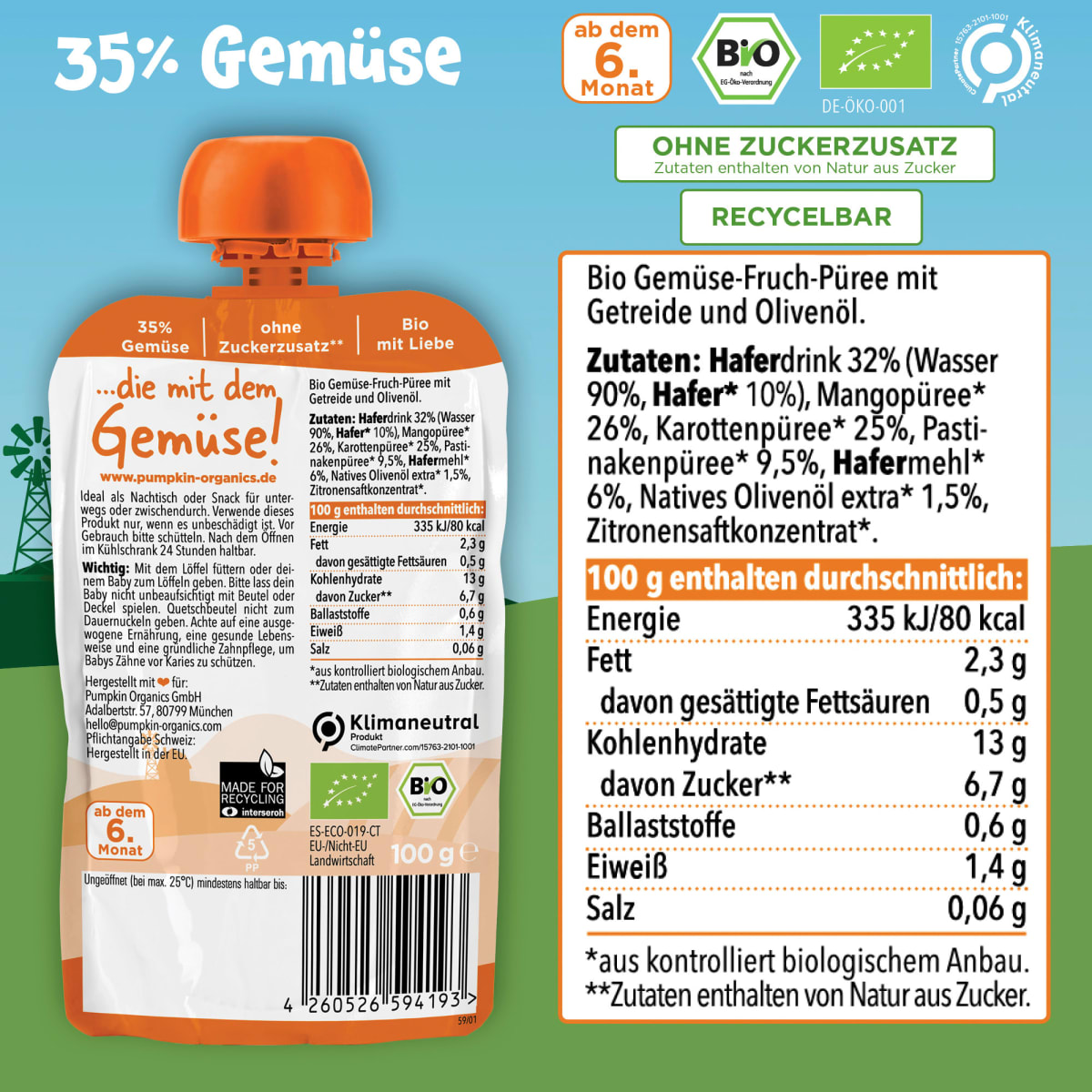 Quetschie Mango, Karotte, Pastinake und Hafer, ab 6 Monaten, 100 g