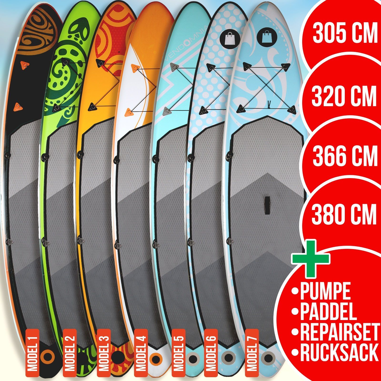 VENDOMNIA Inflatable SUP-Board Set - aufblasbar, Zubehör, Pumpe, Tragetasche, Stand Up Paddle Board, (15 cm dick, 3 PVC Schichten, max 130 kg, 7 Farben, 4 Größen 305cm 320cm 366cm 380cm, Paddling board, Paddelboard, Surfboard)