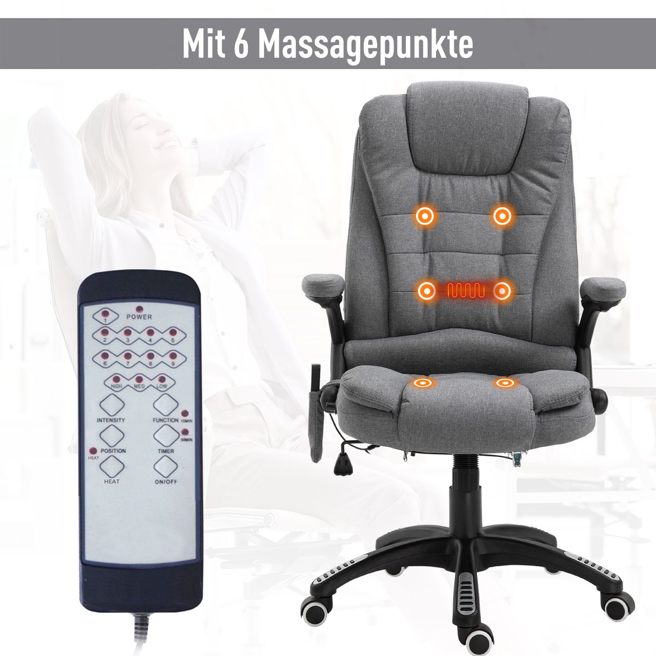 Vinsetto Massage Sessel, Bürostuhl mit Massagefunktion, Gaming Stuhl, höhenverstellbarer Chefsessel, ergonomischer Drehstuhl, PU-Räder, Grau, 67 x 74 x 107-116 cm