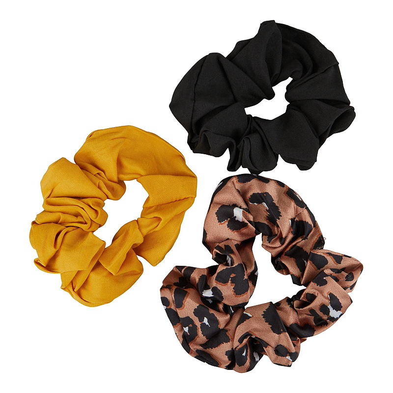 Essentii Hårstrikk 3-pk scrunchie sort/gul/mønster
