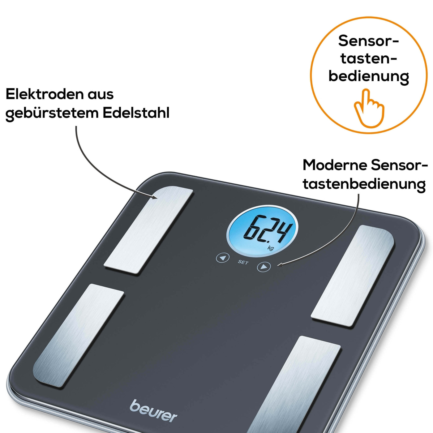 Beurer Diagnosewaage - BF 195-Körperfettwaage mit Ganzkörperanalyse & runder LCD-Anzeige bis 180 kg
