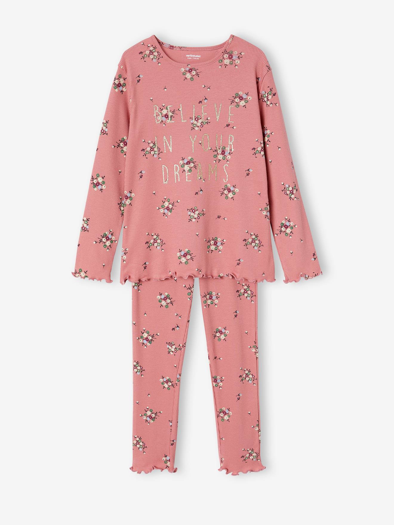 Pyjama fille fleuri en maille côtelée light sauge