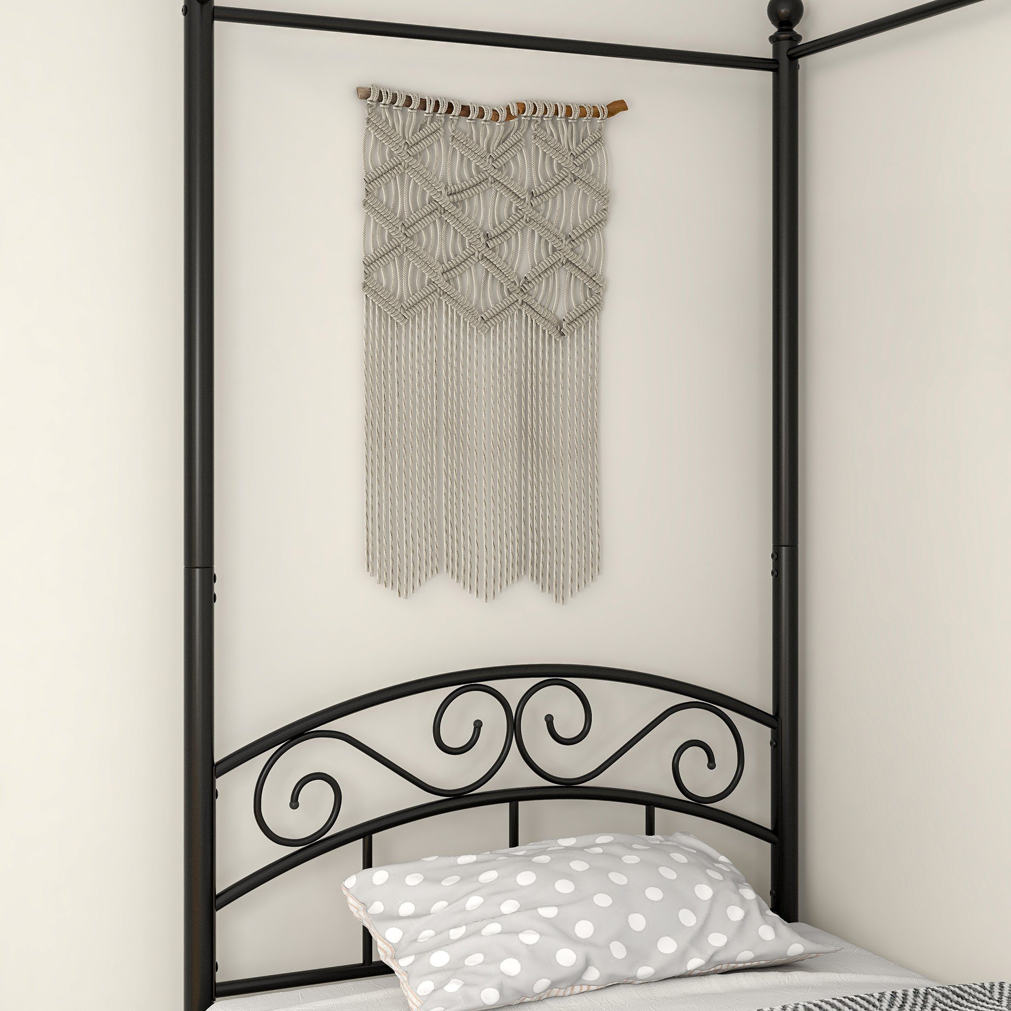 OKWISH Metallbett Einzelbett, Himmelbett-Gestell Metall Himmelbett Eisenbett (Schlafzimmerbett Bettrahmen 90x190cm, mit Himmel Metallbett Klassisch Design), Ohne Matratze
