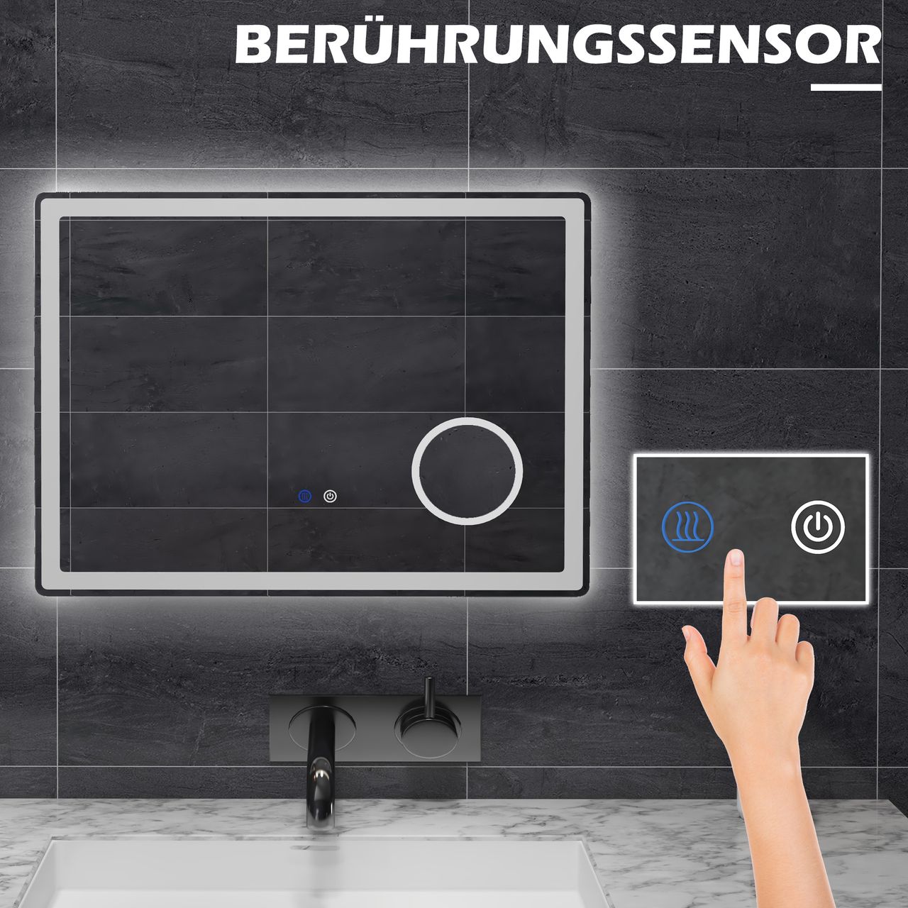 kleankin LED Badezimmerspiegel, 80 x 60 cm Badspiegel mit 3x Vergrößerung