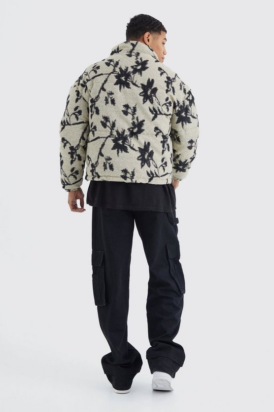 Kastige florale Jacquard-Steppjacke mit Trichterkragen
