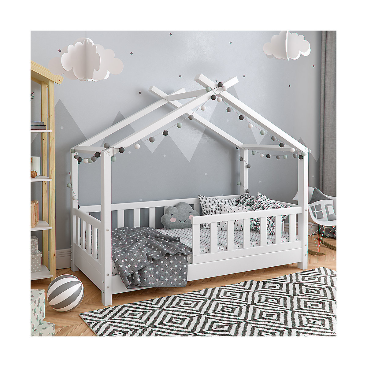Kinderbett Design 70x140 cm mit Zaun Weiß