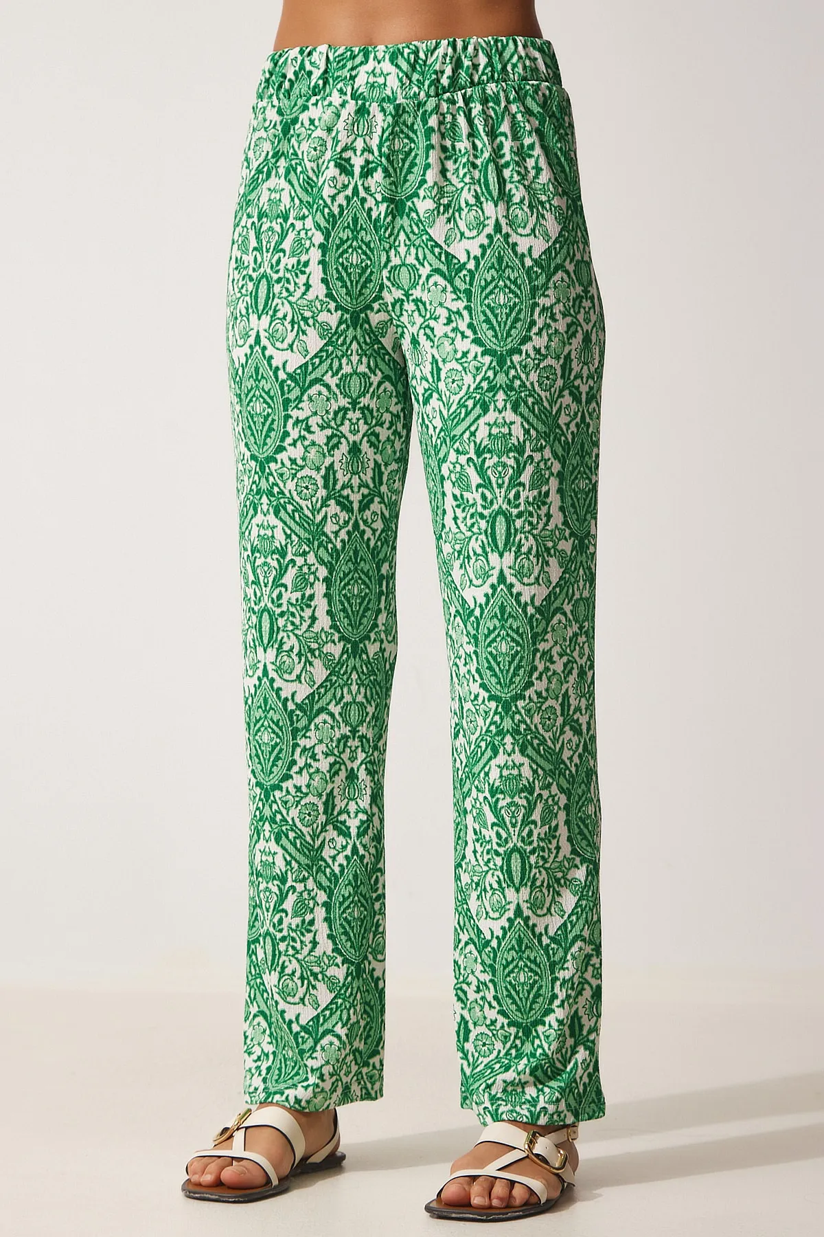 Happiness İstanbul  Grüne gemusterte lockere Sommer-Palazzo-Hose für Damen DD01238