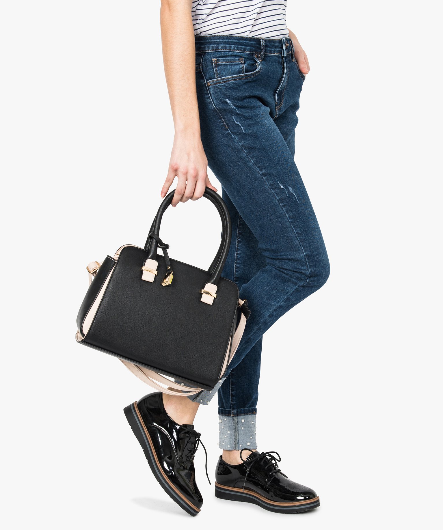 Sac à main femme forme trapèze bicolore noir | GEMO