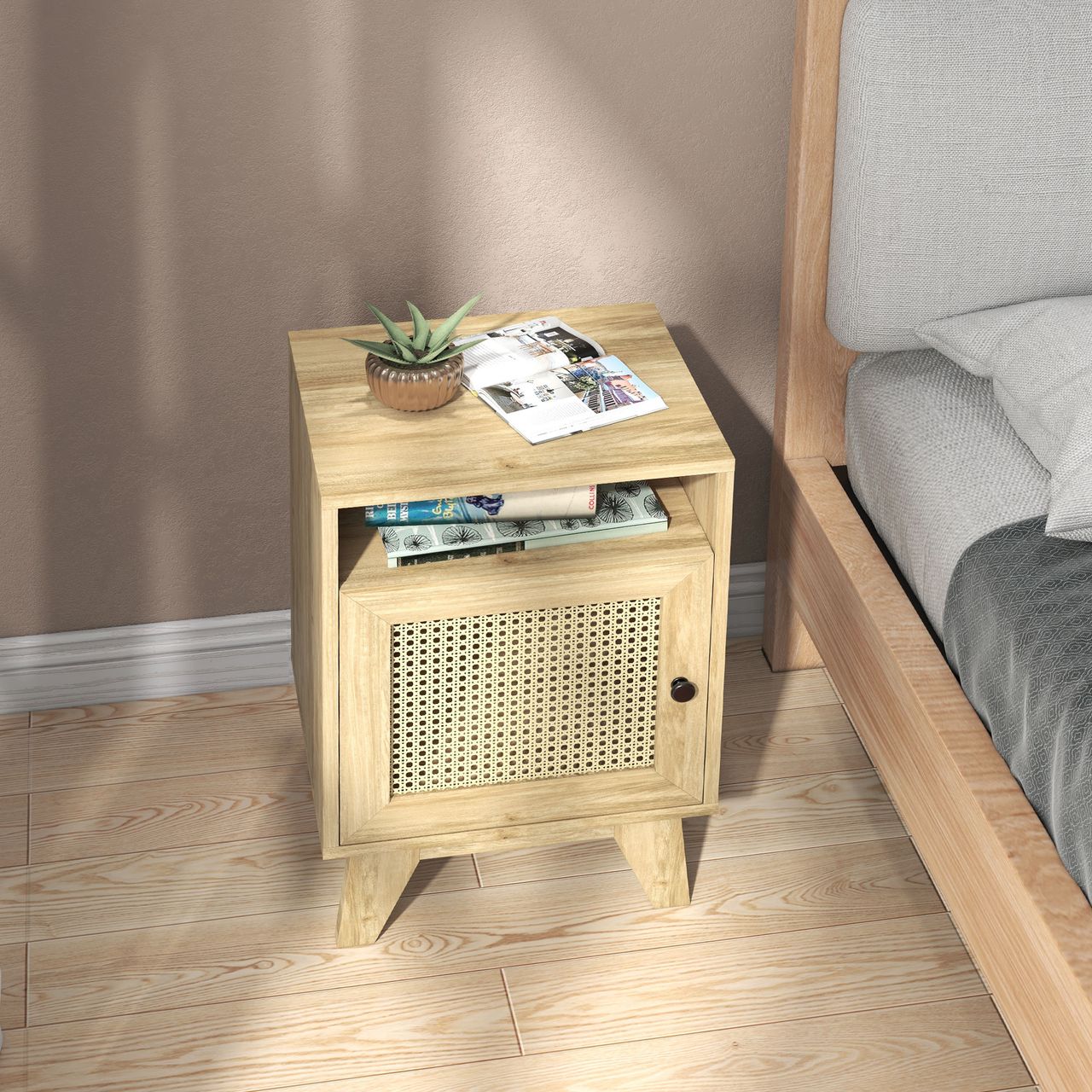 HOMCOM Nachtschrank Nachttisch mit Schrank Beistelltisch mit Ablagefach Natur
