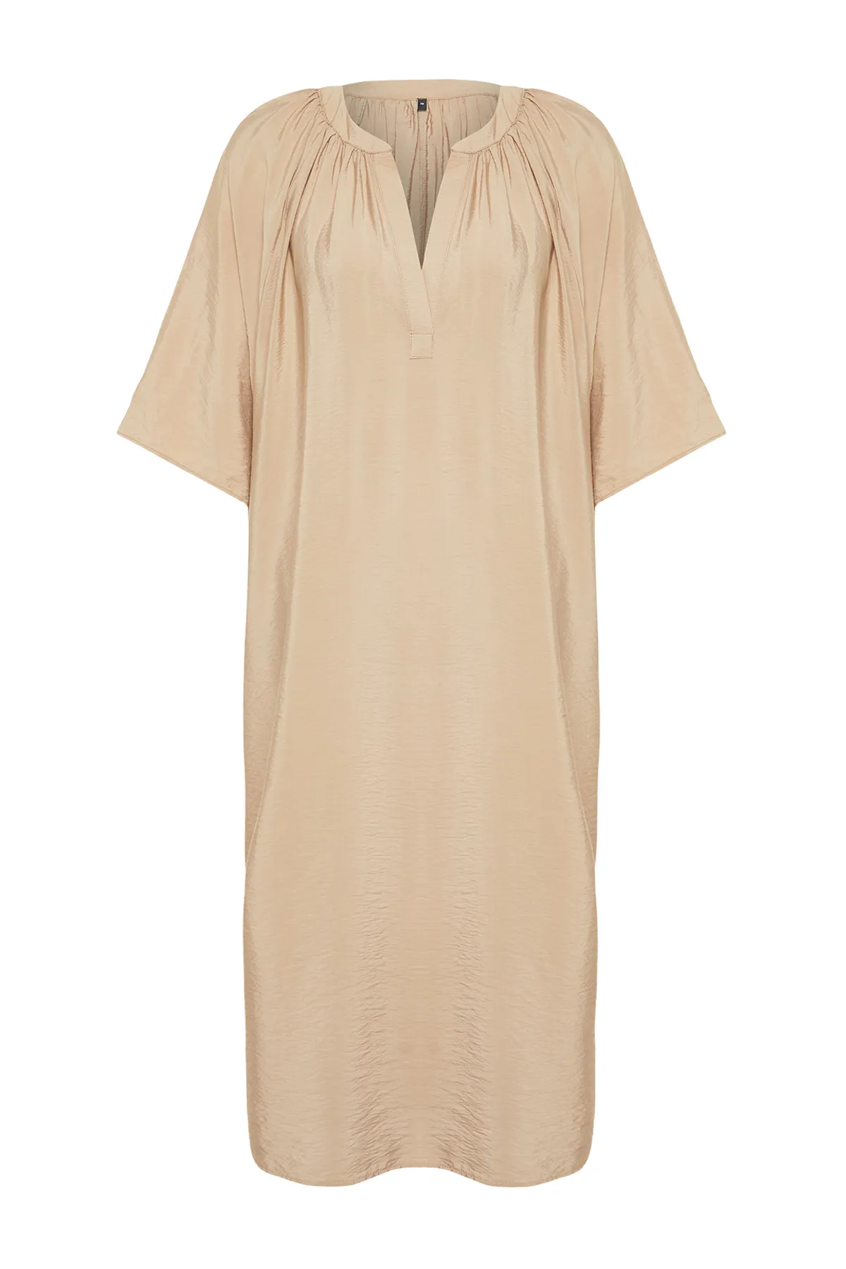Trendyol Modest  Kamelfarbenes Aerobin-Kimono- und Kaftan-Kleid mit V-Ausschnitt und halblangen Ärmeln TCTSS24KK00002