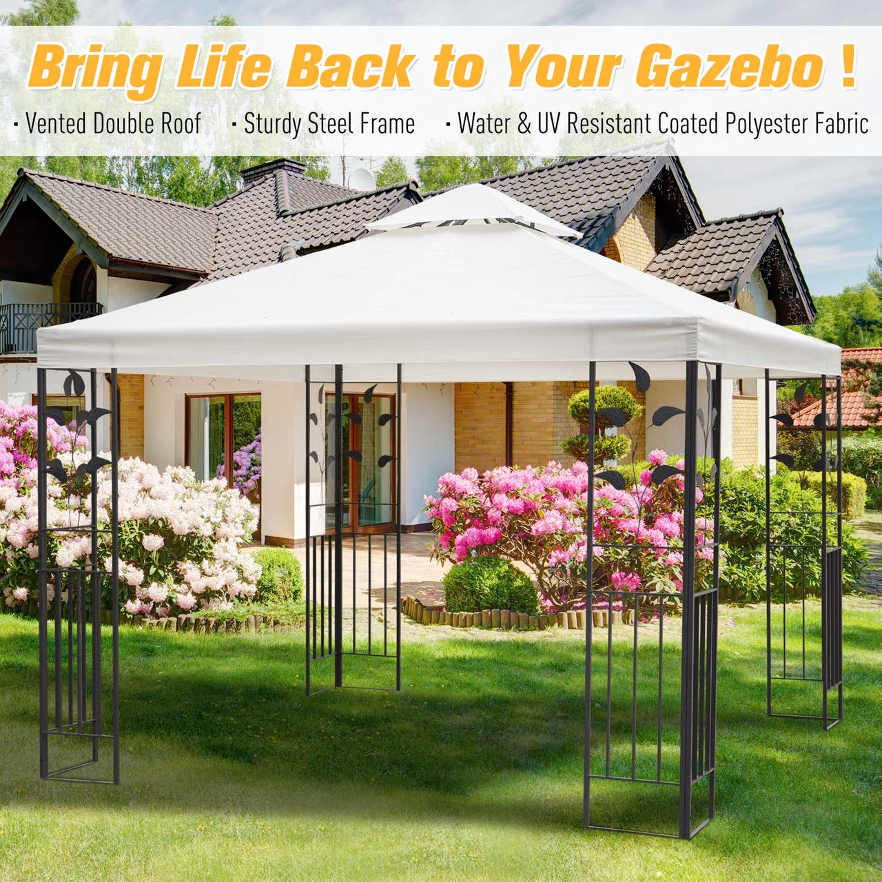 Outsunny Gartenpavillon Pavillon 2,95 x 2,95 m Doppeldach Stahl Polyester Creme