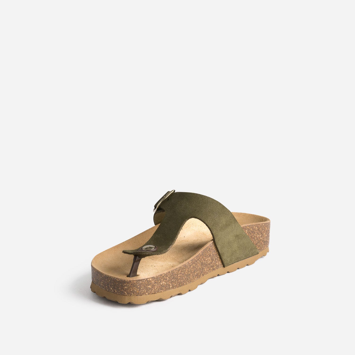 Tong anatomique kaki en cuir velours à plateforme