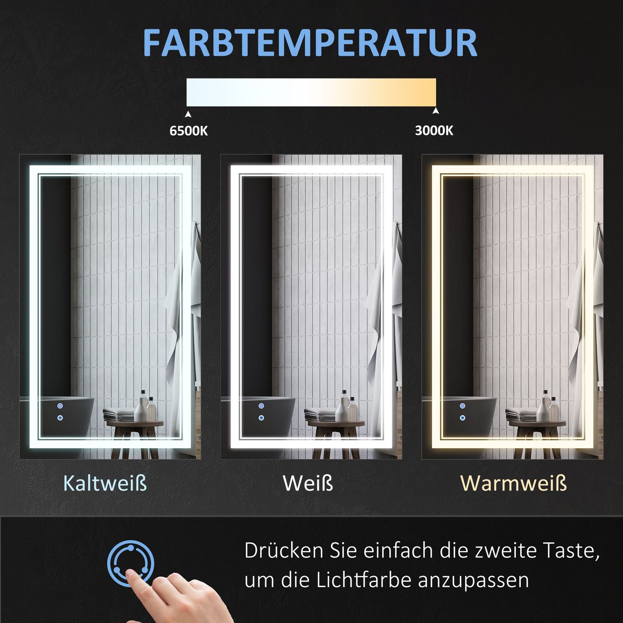 kleankin Badspiegel Badezimmerspiegel mit LED-Leuchte, Wasserdichter Wandspiegel