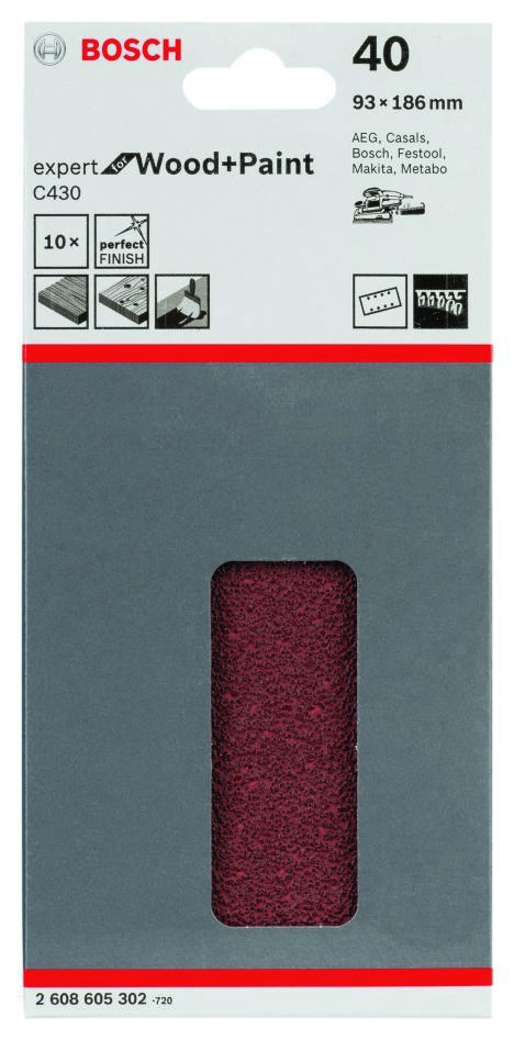 Bosch Blue Accessories 2608605302 Φύλλο λείανσης C430 Expert για ξύλο και βαφή 93x186mm Κόκκος 40 10 τεμάχια