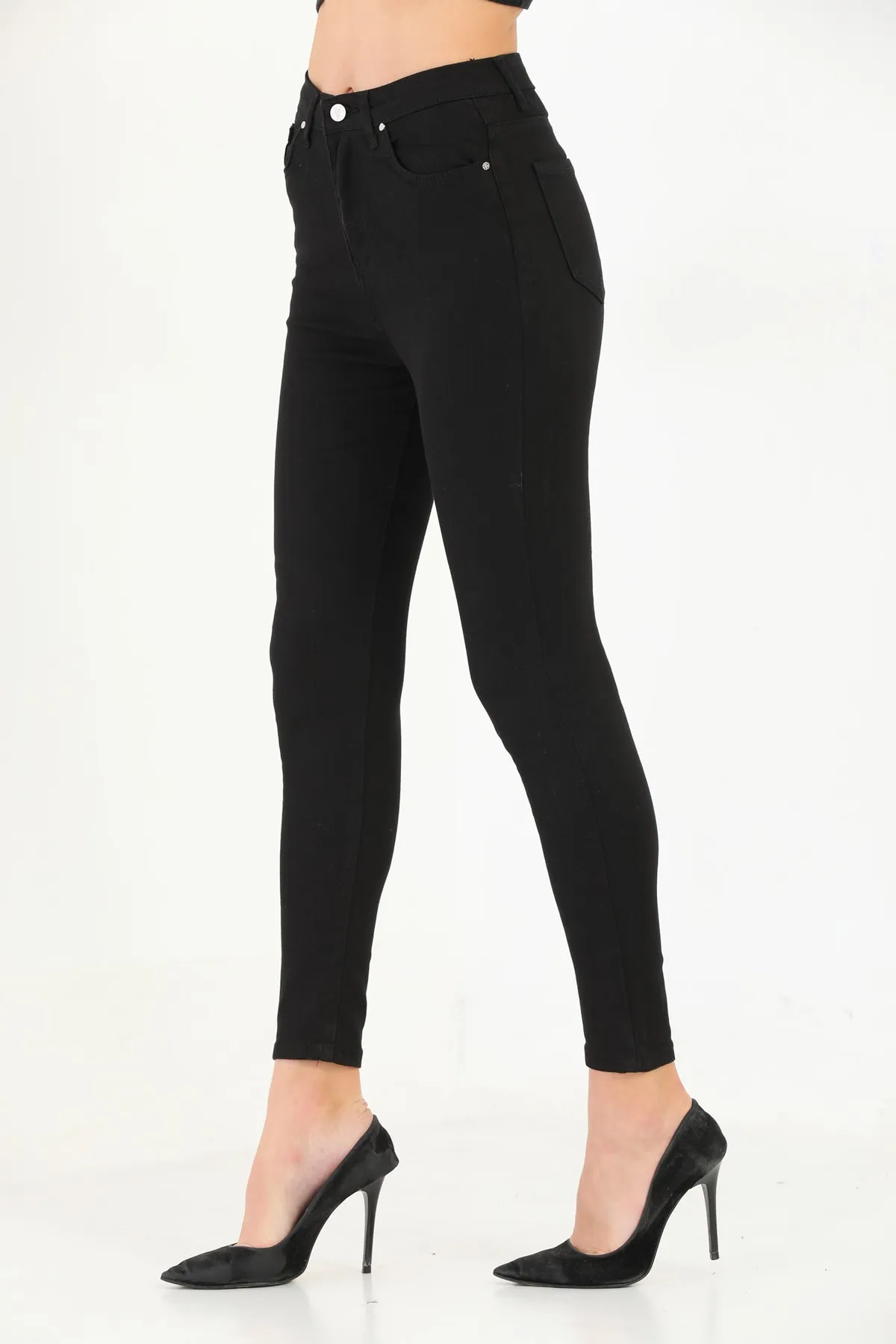 BİKELİFE  Schwarze Damenjeans aus Lycra-Denim mit hoher Taille
