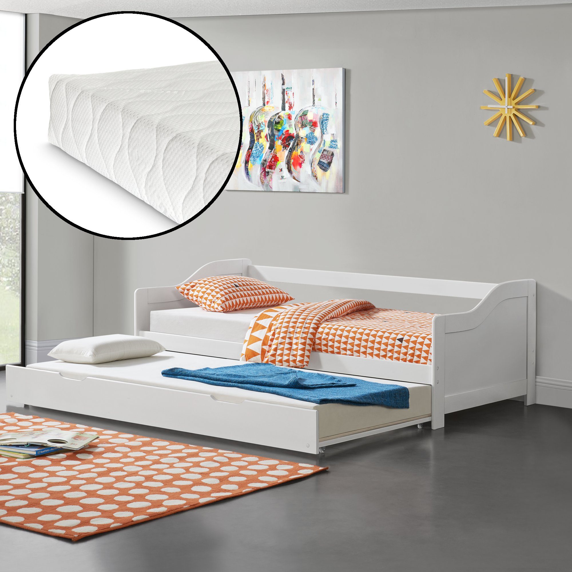 en.casa Ausziehbett, Pederholm Tandembett mit 2 Kaltschaummatratzen Weiß