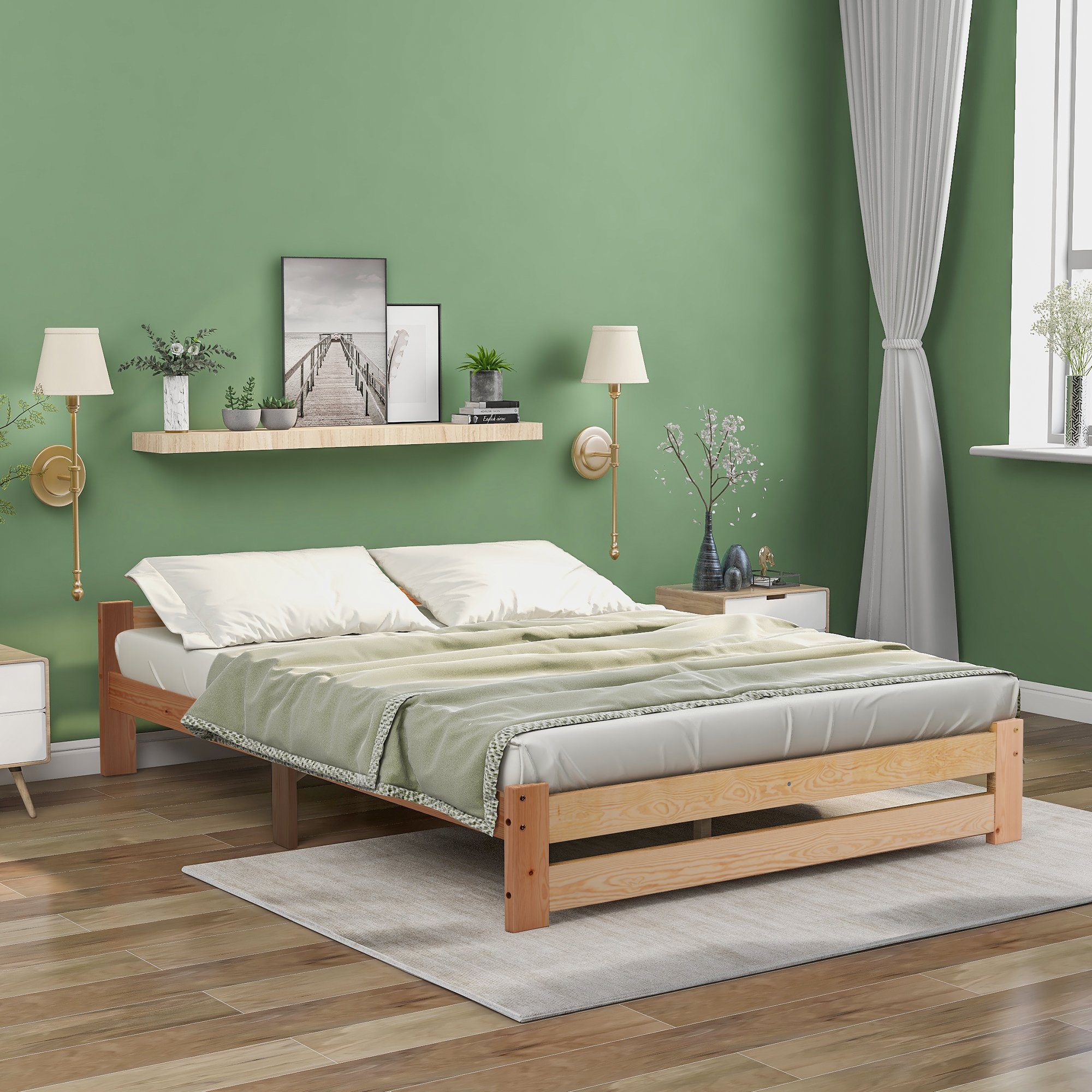 Ulife Massivholzbett Beige Doppelbett 140x200cm mit Kopfteil und Lattenrost, Schlafzimmer, Holzbett