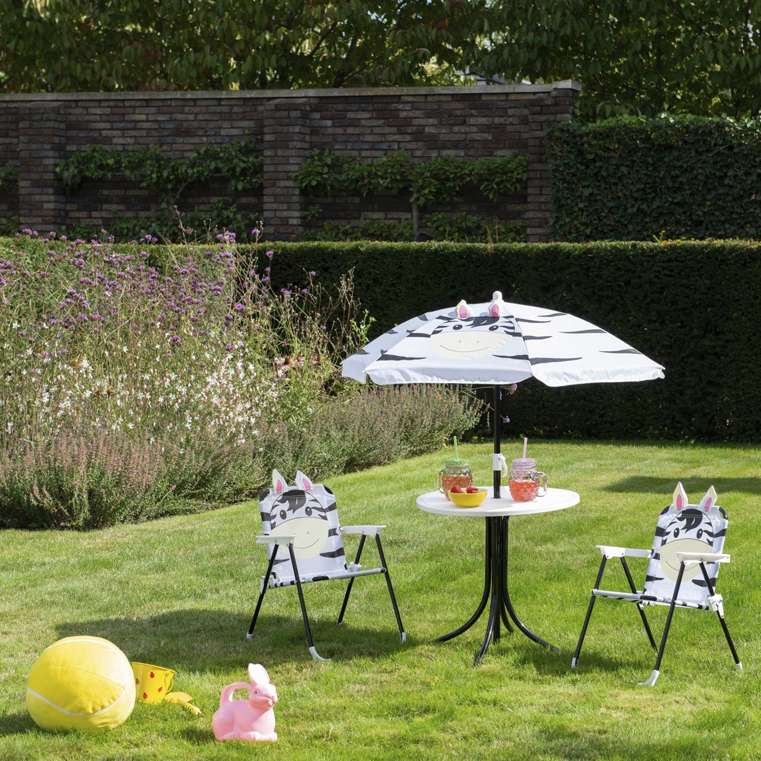MARELIDA Kindersitzgruppe Zebra MORTY 2 Stühle Tisch Sonnenschirm Gartenmöbel für Camping 4tlg., (4-tlg)