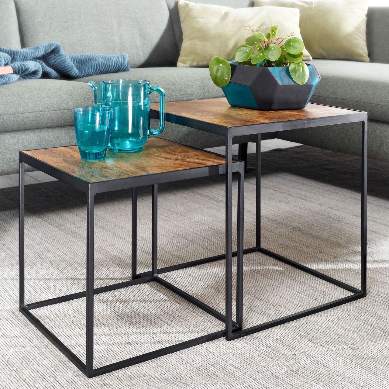 Skyport WOHNLING Beistelltisch Massivholz Satztisch 2 teilig Couchtisch Tisch Set Eckig