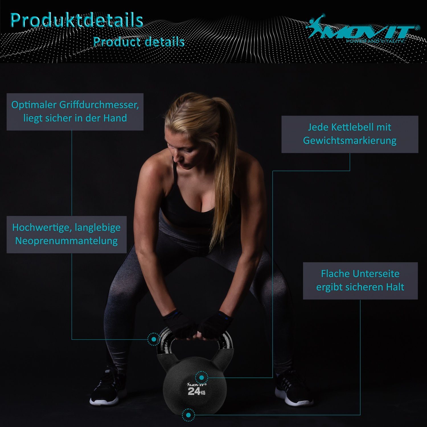 MOVIT Kettlebell Kettlebell PRO, Kugelhantel aus Gusseisen, (Schwunghantel, Trainingsgewicht), mit Neoprenbeschichtung, Kugelgewicht, 12 Farbvarianten: 2 bis 24 kg