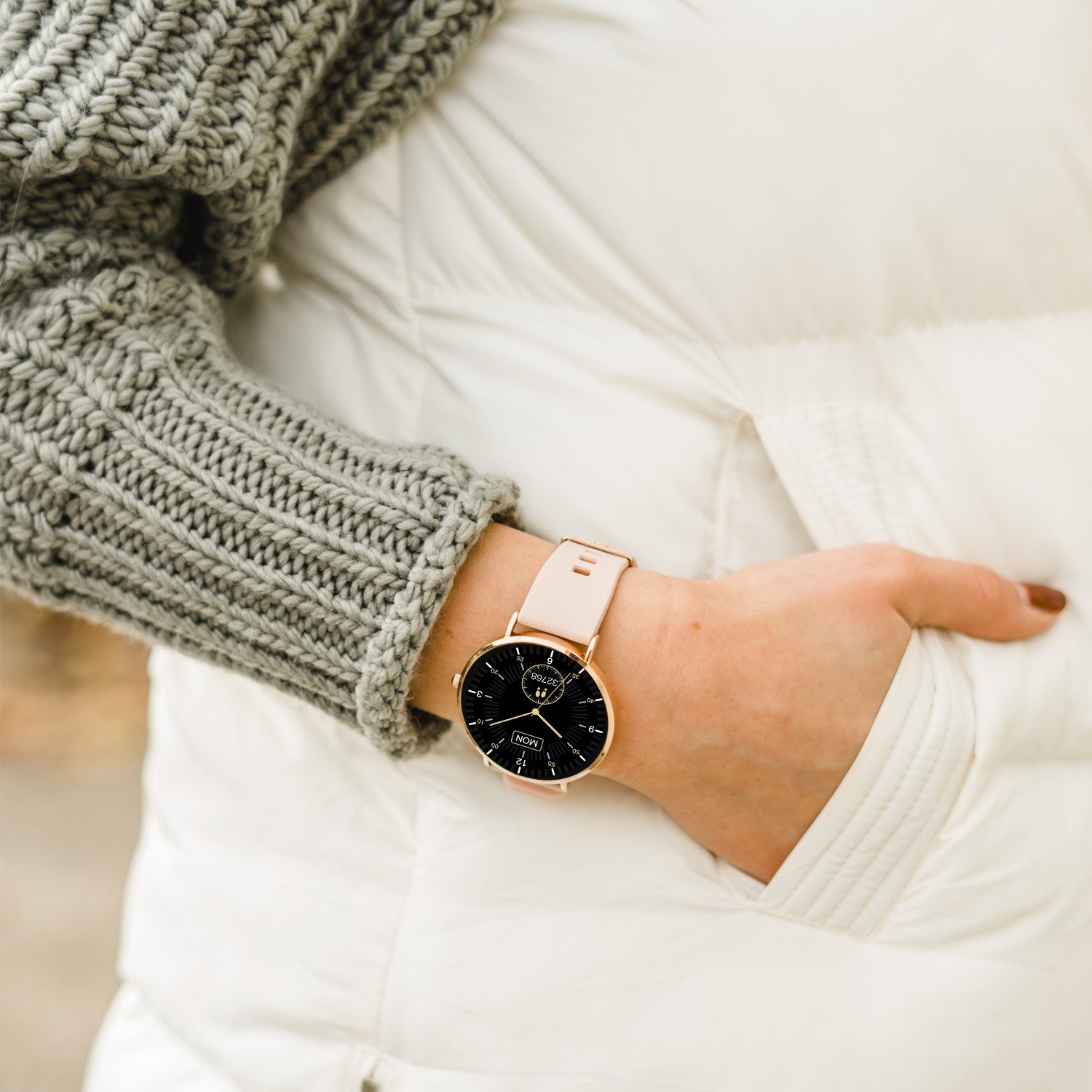 XCOAST SIONA 2 Damen Smartwatch (4,2 cm/1,3 Zoll, iOS Android) ROSE GOLD, Damen Fitness Tracker, neueste Generation, Blutsauerstoffmesser, Wasserdicht, Ultra flach, Puls, Blutdruck, brillante Farben, AMOLED