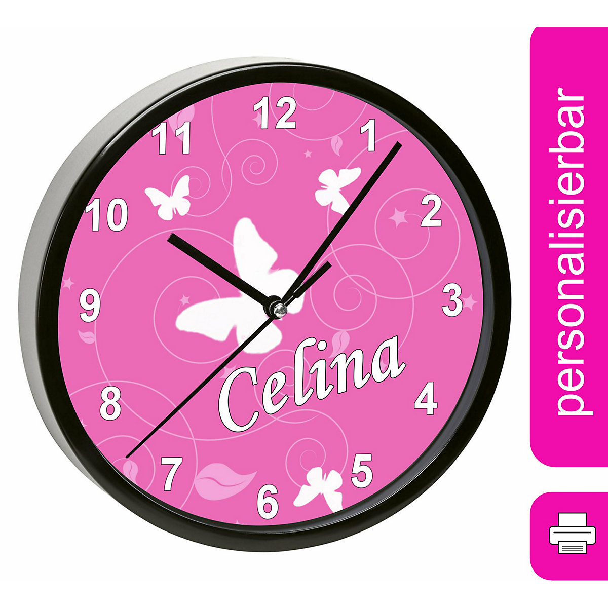 Kinder Wanduhr personalisiert mit Name Schmetterling Rosa
