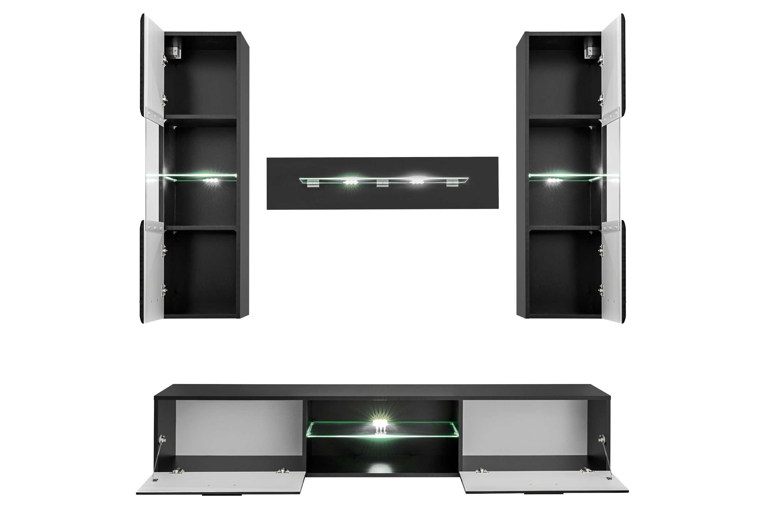 Stylefy Wohnwand Berta, (Wohnmöbel, Wohnzimmer-Set), 2×Hängevitrine, 1×Lowboard, 1×Wandregal, LED-Beleuchtung, Glaseinsatz