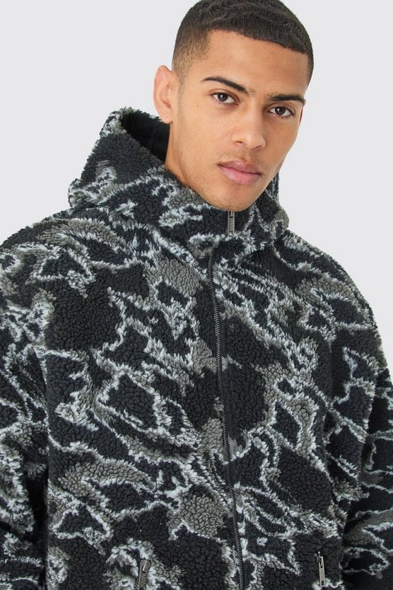 Kastiger Oversize Borg-Hoodie mit Reißverschluss und abstraktem Print