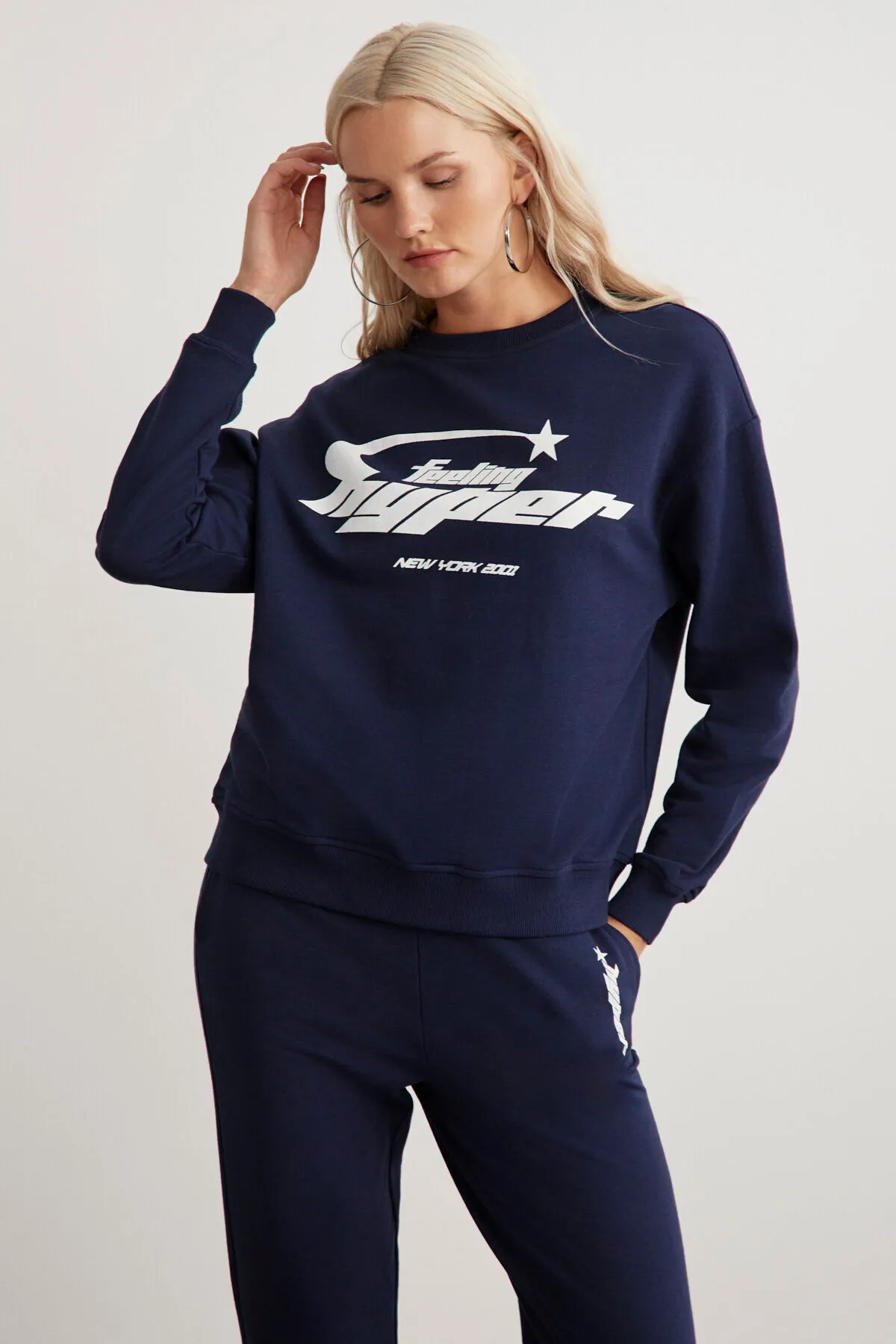 GRIMELANGE  Darcy Damen-Trainingsanzug-Set mit Rundhalsausschnitt, langen Ärmeln und elastischem Bund, bedruckt, Marineblau