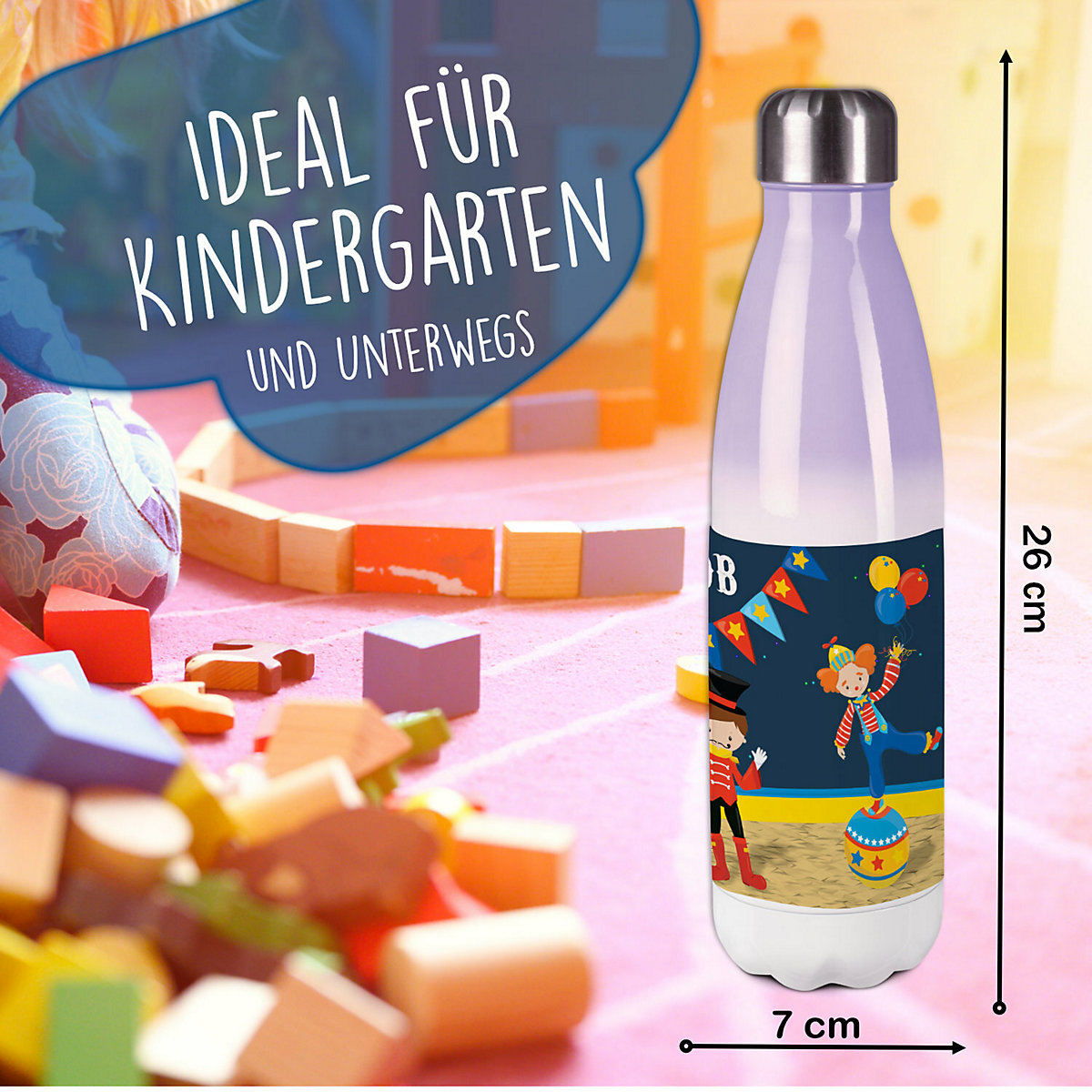 Edelstahl Kinder Thermoflasche / Trinkflasche bunt Circus Spülmaschinenfest, Auslaufsicher, Bruchfest, Doppelwandig, Für Heißgetränke geeignet, Mit Deckel, Isoliert