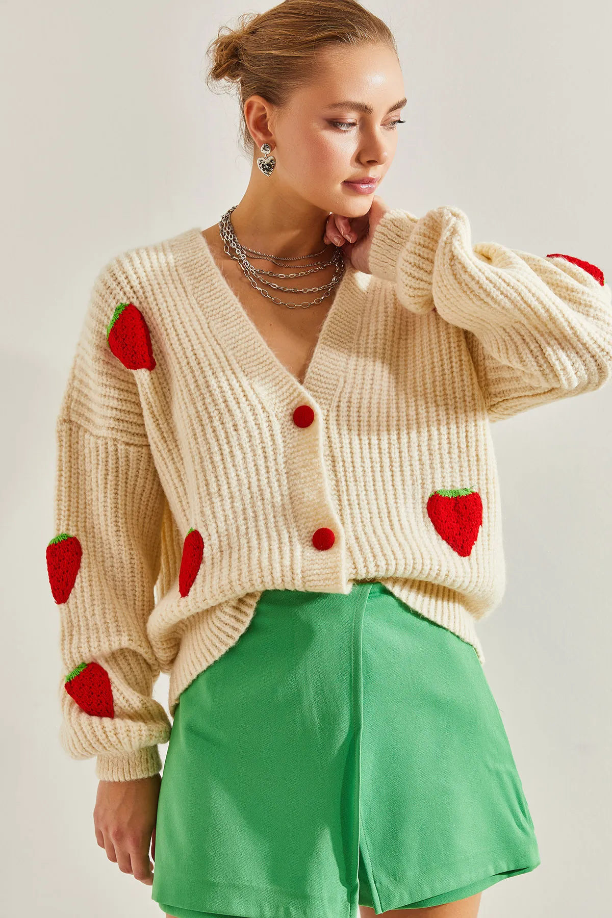 Bianco Lucci  Erdbeer-Strickjacke für Damen mit Knöpfen