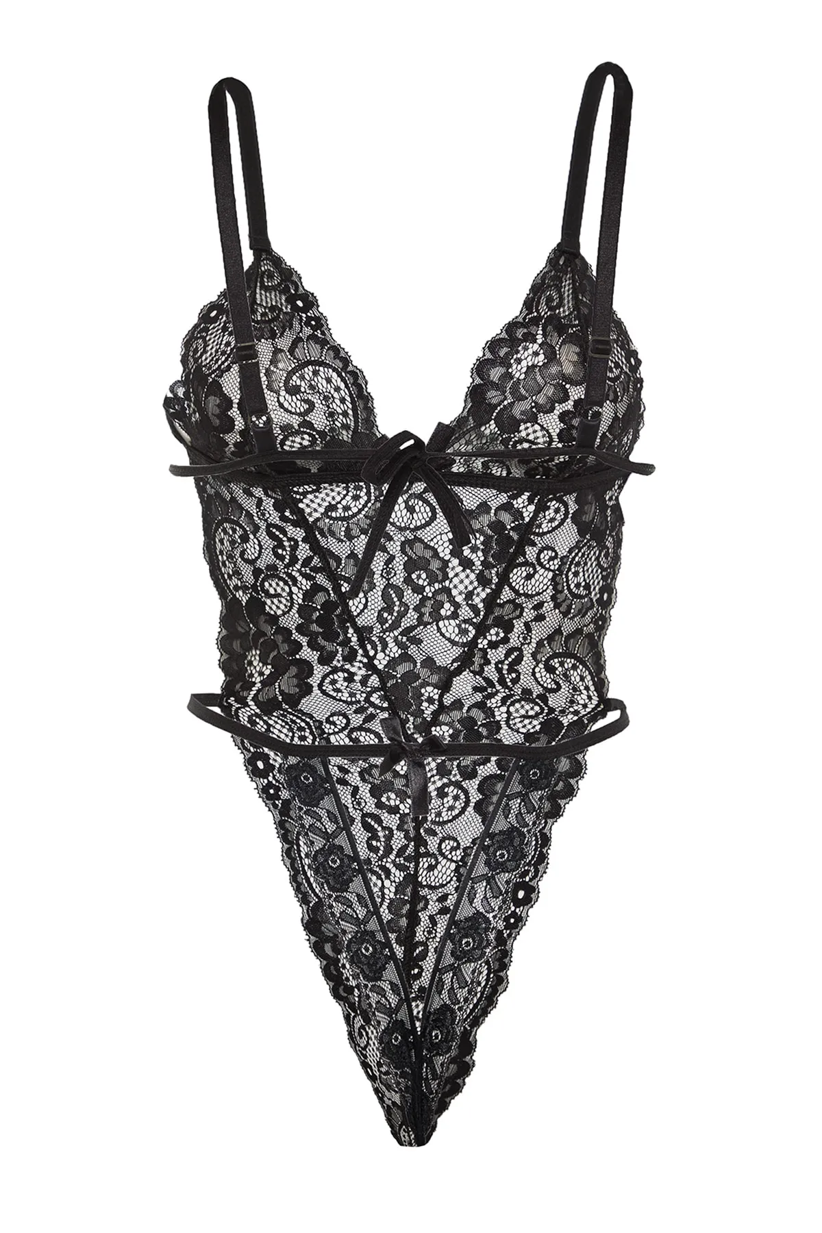 Trendyol Collection  Schwarzer Strick-Body mit Schnürriemen und Druckknöpfen aus Spitze THMAW23BD00008