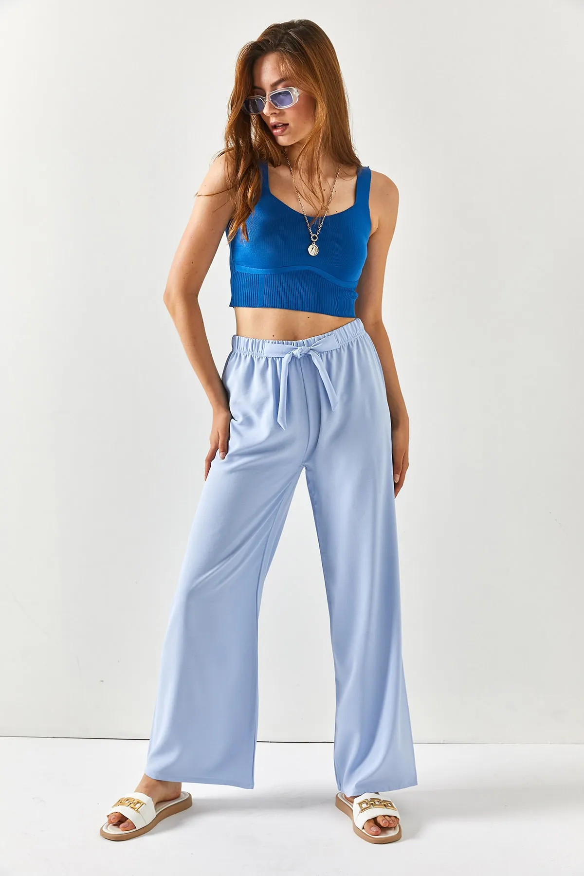 Olalook  Eisblaue Palazzo-Ayrobin-Hose mit Gürtel und elastischem Bund für Damen PNT-19000200