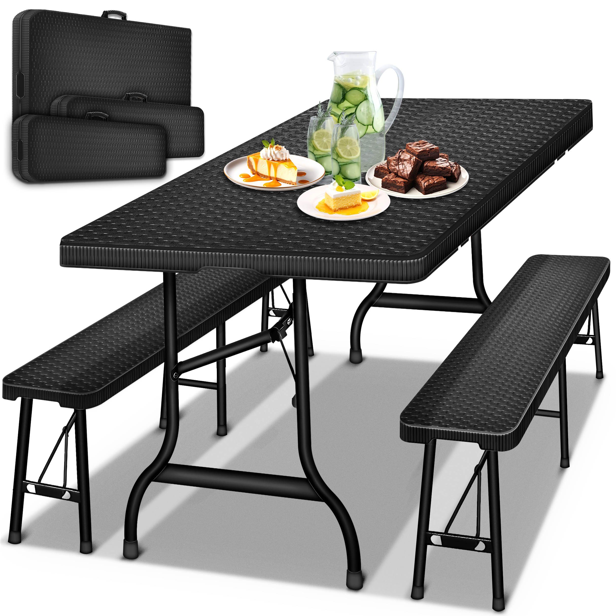 tillvex Bierzeltgarnitur klappbar 3-teilig Set Rattan Gartengarnitur wetterfest 180 cm, (Gartenmöbel Set Indoor & Outdoor mit Gartentisch und Bänken, Festzeltgarnitur)