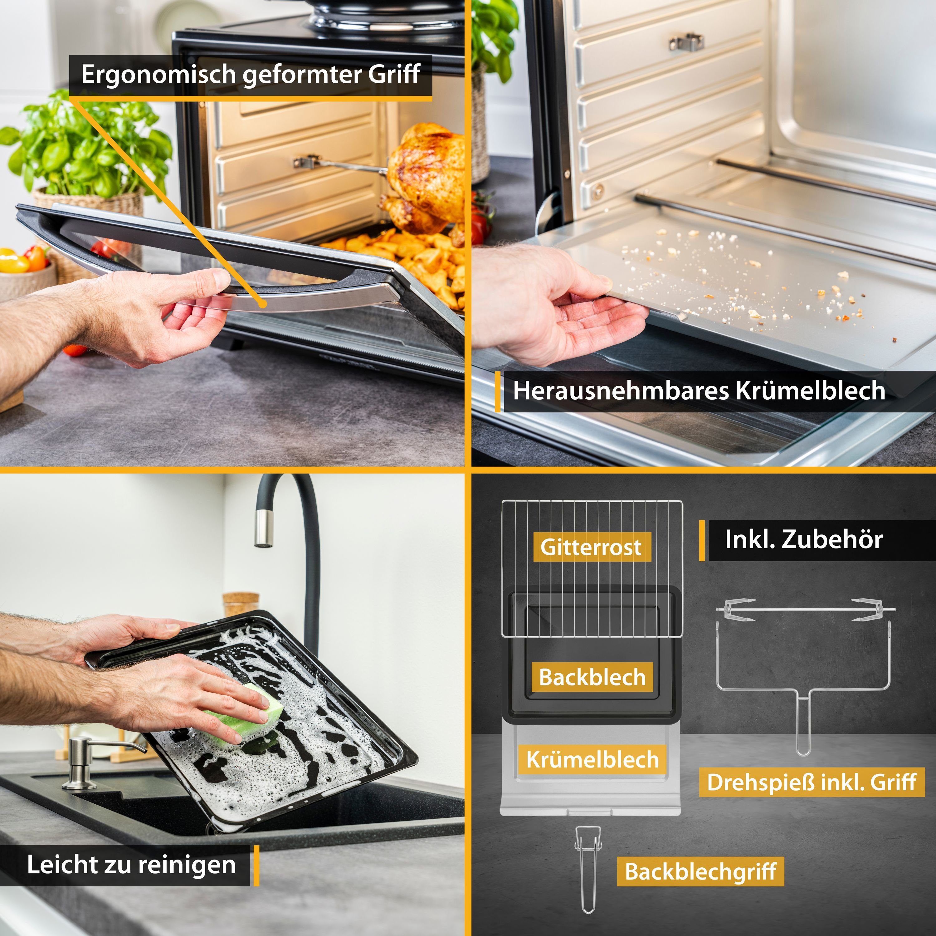 TZS FIRST AUSTRIA Minibackofen Pizzaofen mit Kochplatten, 60L, 3400W, Mini Backofen mit Umluft, max 230°C, Backblech, Drehspieß, Grillrost, Innenbeleuchtung