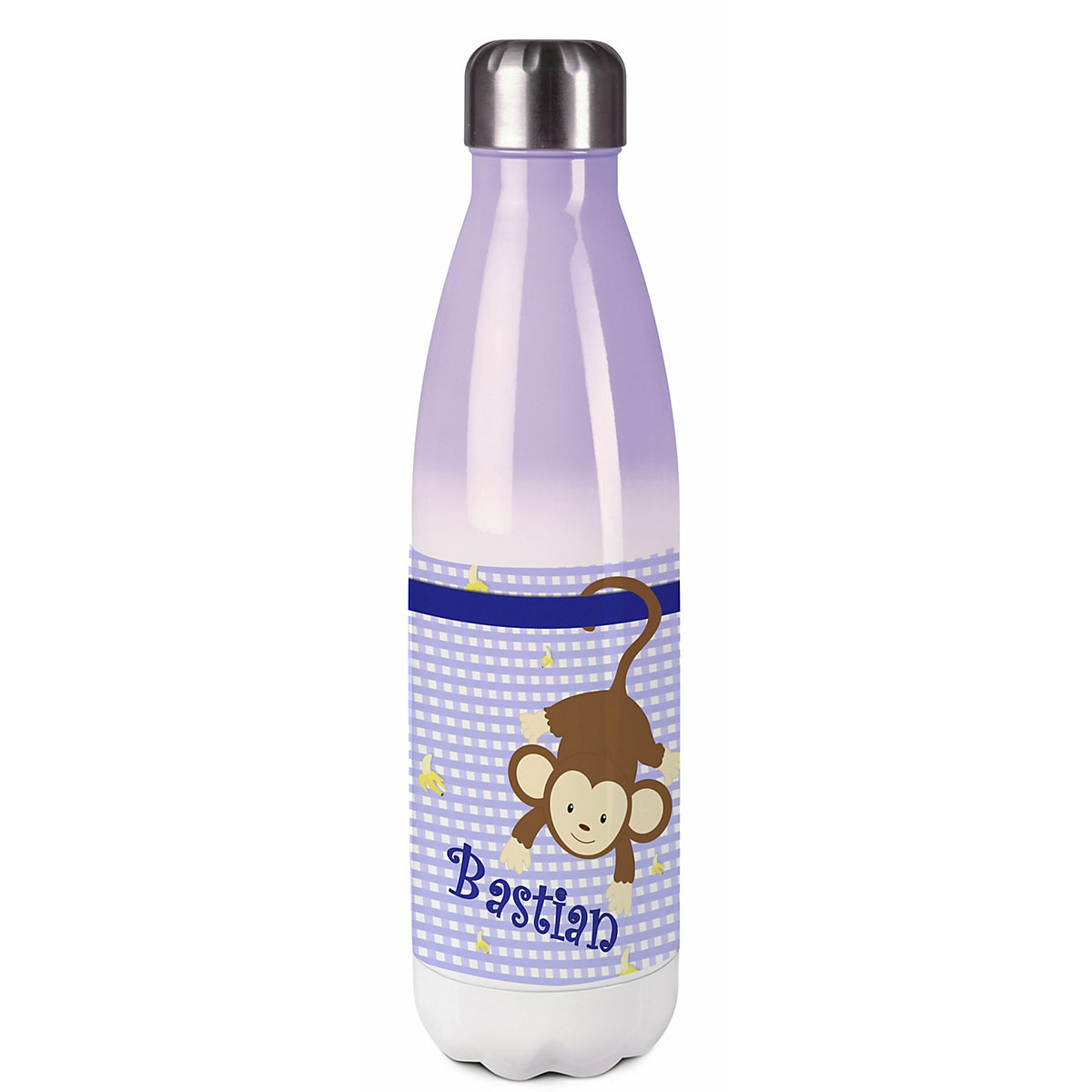 Edelstahl Kinder Thermoflasche / Trinkflasche bunt Affe hängend Farbe blau Spülmaschinenfest, Auslaufsicher, Bruchfest, Doppelwandig, Für Heißgetränke geeignet, Mit Deckel, Isoliert