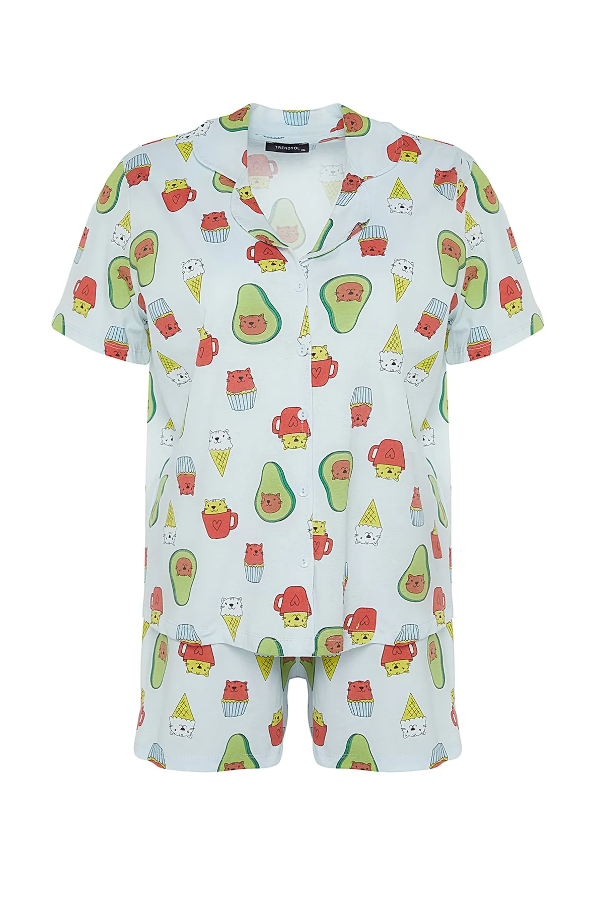 Trendyol Curve  Blaues bedrucktes Pyjama-Set aus Strick mit Knöpfen TBBSS22PT0707